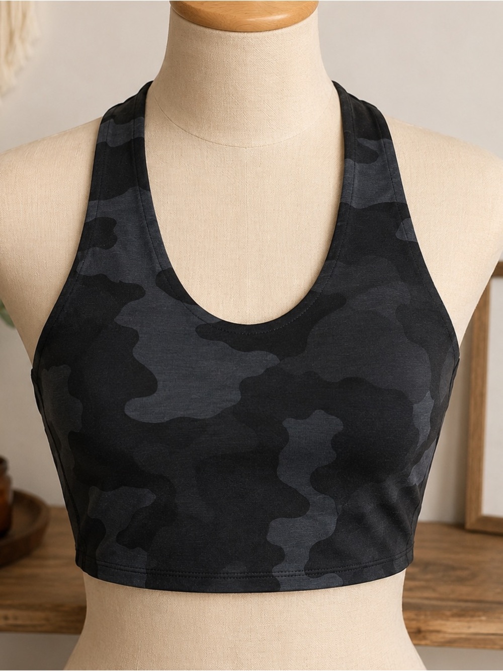 prAna Momento Reversible Camo Crop Top Sports Bra Black Green Racerback